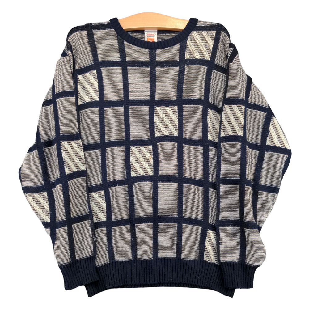 St. Michael Men's Pullover Knit Sweater Multi 36 Check Crew Neck Ribbed Trim